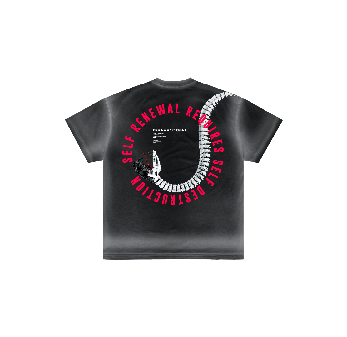 The DESTRUCTION t-shirt by Machina - Wearable Technology is a black luxury cotton tee with a white snake skeleton Ouroboros graphic on the back, framed by bold red "SELF RENEWAL REQUIRES SELF DESTRUCTION" text in a semicircle.