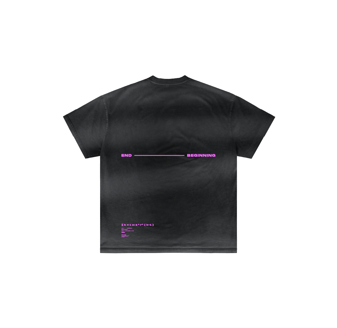 The Nagamani by Machina - Wearable Technology is a black acid-dyed oversized tee with "END" and "BEGINNING" in purple linked across the back and small purple text in the lower corner, crafted from heavyweight cotton.