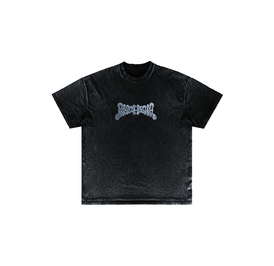 The Loop by Machina - Wearable Technology is a black luxury cotton short-sleeve t-shirt with a slightly worn texture and wavy white graphic text on the chest, shown on a plain white background.
