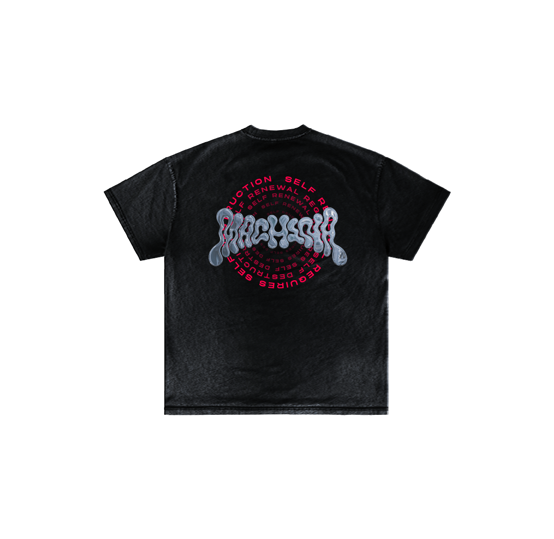 The Loop by Machina - Wearable Technology is a black luxury cotton t-shirt with a large back graphic: "RENEWAL" in wavy silver letters like a 3D chrome logo, encircled by red text in a circular pattern.
