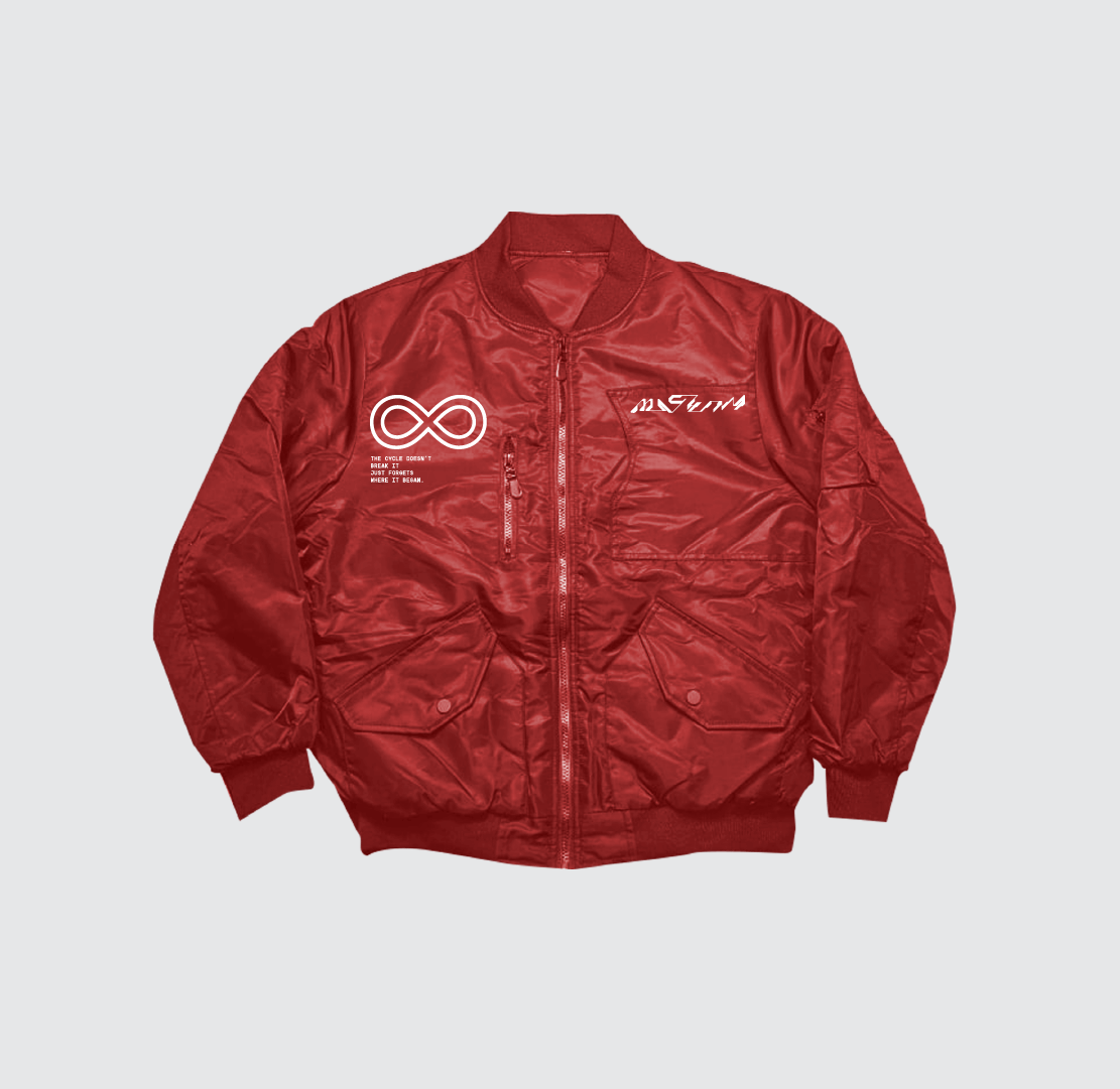 The Cycle doesn't break Bomber Jacket by Machina - Wearable Technology is a shiny red bomber jacket featuring white embroidered chest designs (infinity symbol, text, script logo), two front pockets, and ribbed cuffs and hem.