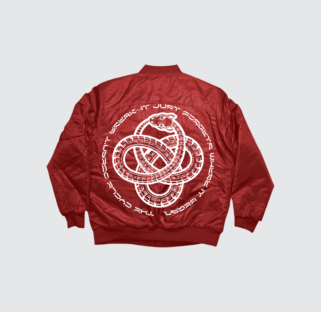 The Cycle doesn't break Bomber Jacket by Machina - Wearable Technology is a red embroidered bomber with a white Ouroboros infinity graphic and "Break it just to see if you can break the cycle" text on the back.