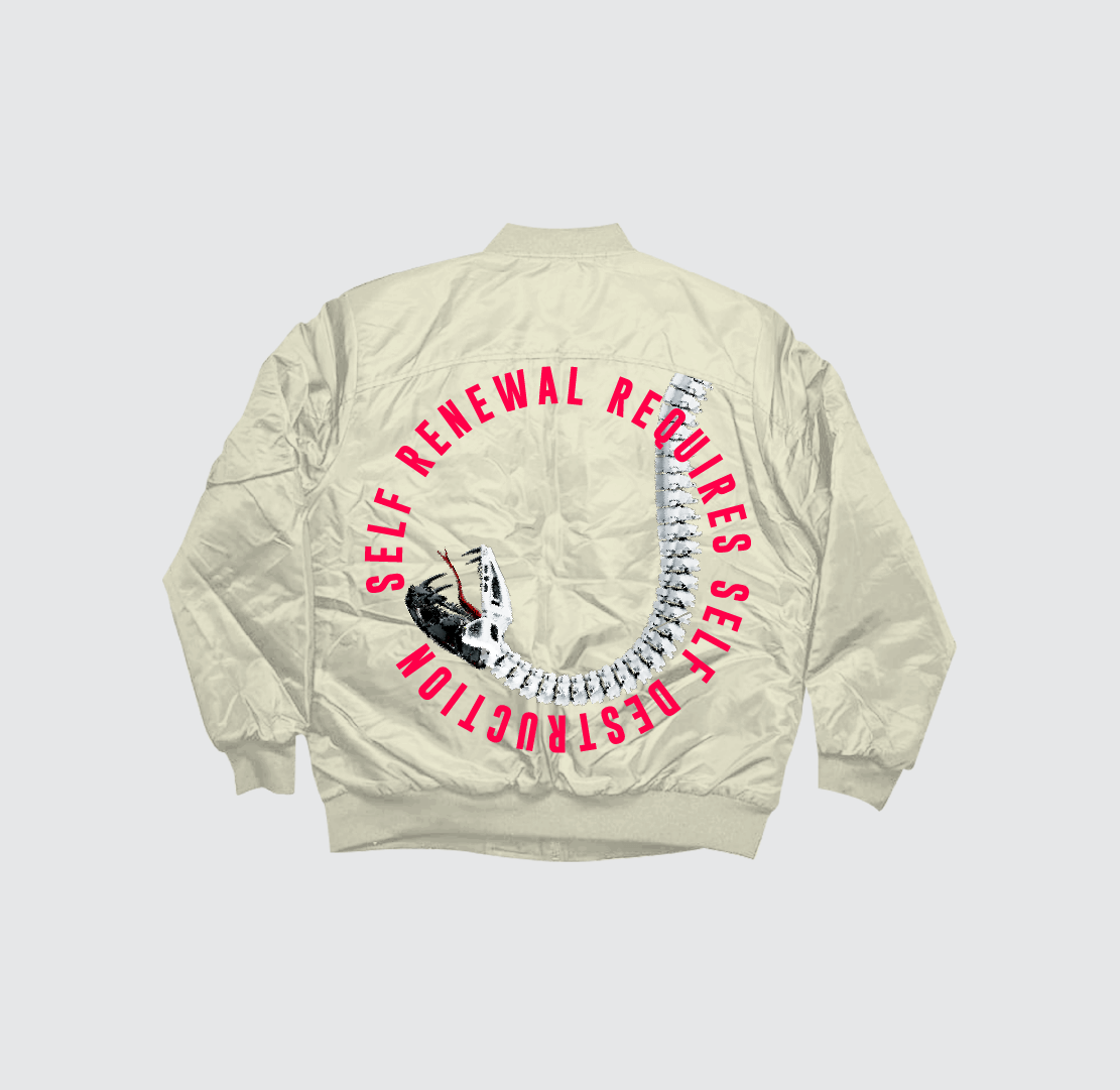 The Machina - Wearable Technology "We don't fear death" Bomber Jacket is crafted from heavyweight nylon, featuring spine and skull embroidery on the back, framed by red text: SELF RENEWAL REQUIRES SELF DESTRUCTION.