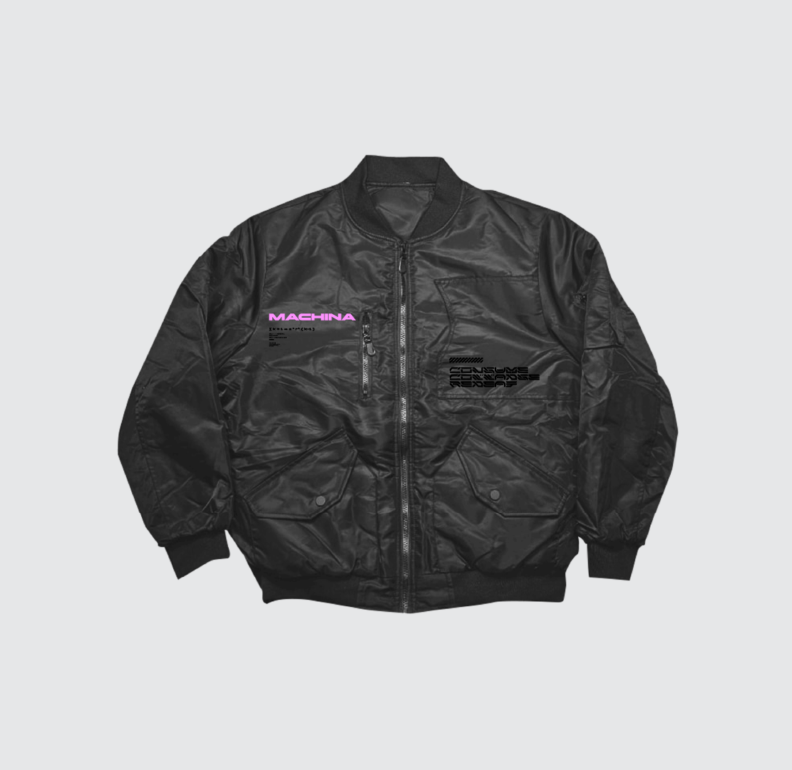 The Consume Collapse Repeat Bomber Jacket by Machina - Wearable Technology is a black bomber with ribbed cuffs and collar, pink MACHINA text on the left chest, and bold embroidery and graphics on the right. Pictured on a plain light gray background.