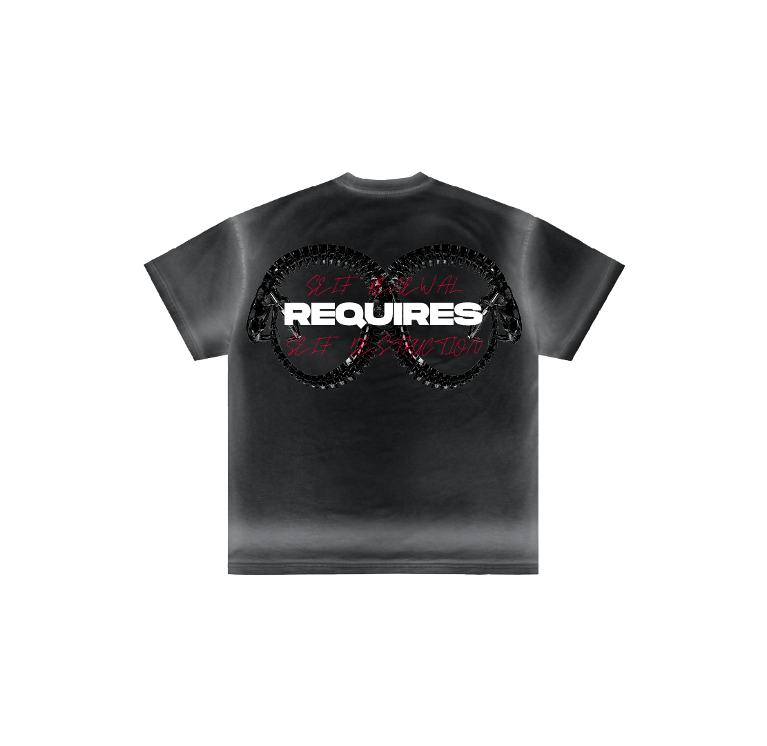 The RENEW luxury cotton T-shirt by Machina - Wearable Technology is made in Mexico, with two black roses forming an Ouroboros infinity symbol and “SELF LOVE REQUIRES SELF DISCIPLINE” in bold red and white stylized fonts.