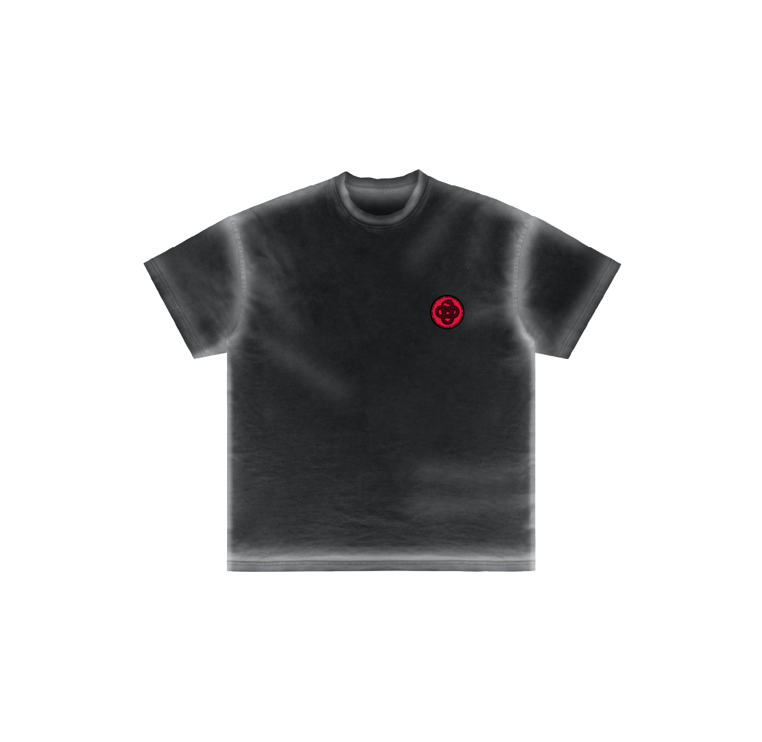 The cycle doesn’t break by Machina - Wearable Technology: black short-sleeve luxury cotton t-shirt with round neck, vintage faded effect, and a small red Ouroboros emblem on the left chest.