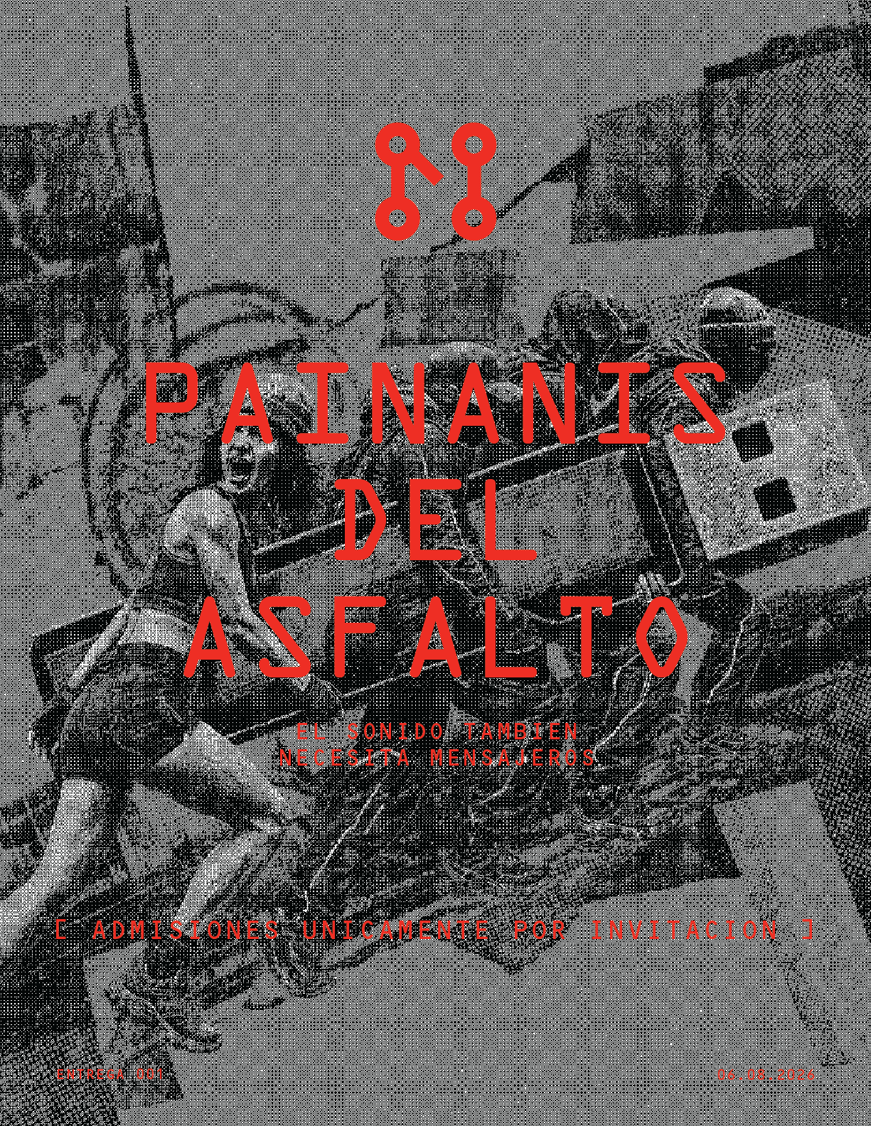 Black-and-white collage of runners and streets overlaid with bold red Spanish text, highlighting PAINANIS DEL ASFALTO by Machina Wearable Technology and details about messaging and admission by invitation. A geometric red symbol at the top reflects Machina’s signature style.