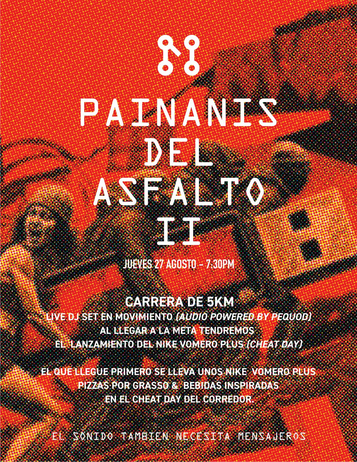 Event poster featuring PAINANIS DEL ASFALTO by Machina Wearable Technology, announcing the race on August 27 at 7:30 PM. The background displays two runners smiling. Event details highlight a 5K race, DJ set, exclusive Machina merchandise, USB dije giveaways, and Nike shoe prizes.