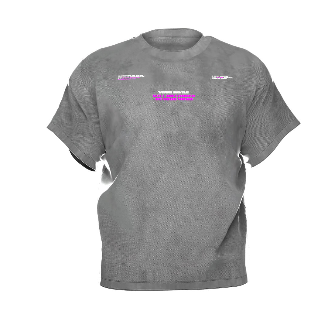 This gray T-shirt, known as the Borderlands, from Machina - Wearable Technology, is crafted from heavyweight cotton and features minimalistic small text on the front in purple and white. The text is stylishly positioned near the top and center of the shirt, capturing a sleek, understated look.