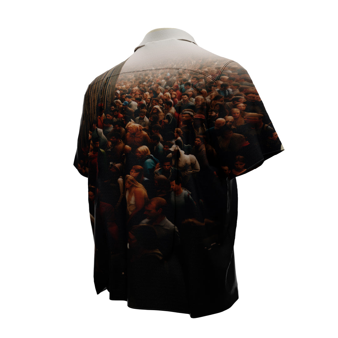 Introducing the BORDERLANDS SET by Machina - Wearable Technology: This short-sleeve button-down shirt boasts a dynamic and visually striking print of a dense crowd, enveloping the entire back. It's the perfect choice for any warm-weather activity.