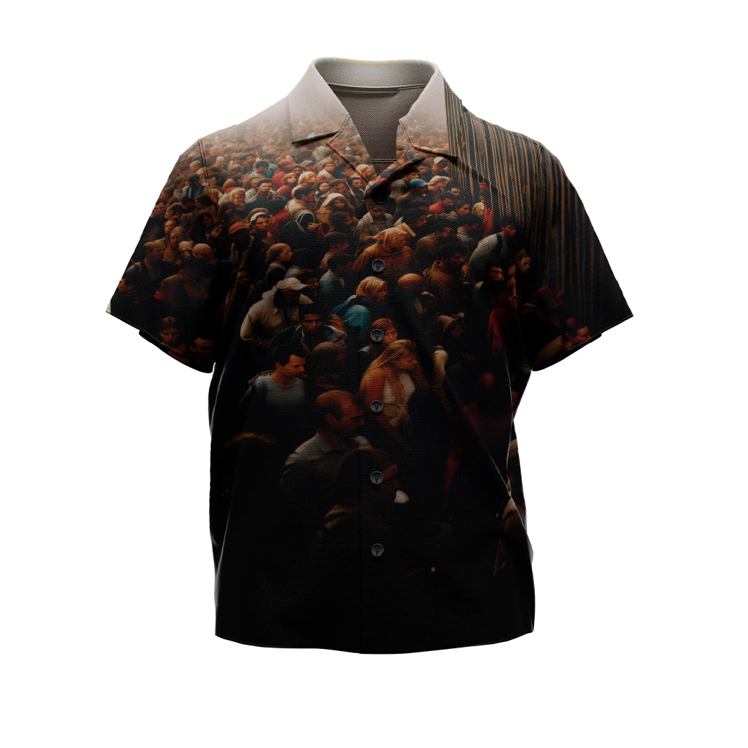 Introducing the BORDERLANDS SET from Machina - Wearable Technology: This short-sleeved button-up shirt boasts a vibrant design, featuring a lively scene filled with numerous people, ideal for warm weather activities. The dynamic print is set against a crisp white background, highlighting its colorful and busy visual appeal.