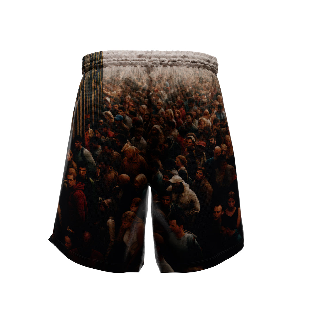 These shorts are part of the BORDERLANDS SET by Machina - Wearable Technology, featuring a vivid Borderlands print of a crowded gathering. The realistic design creates an illusion of depth and movement, making them ideal for warm-weather activities. The shorts are displayed against a plain white background.