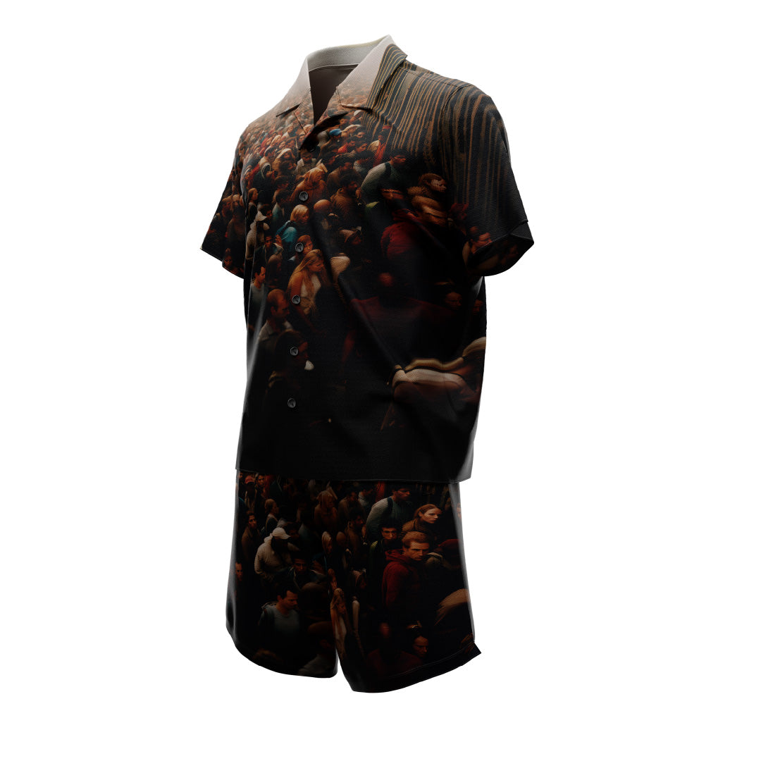 Presenting the BORDERLANDS SET by Machina - Wearable Technology: a stylish shirt and shorts combo ideal for any warm-weather occasion. This ensemble showcases an intricate Borderlands print of a classic painting, integrating figures and abstract patterns against a crisp white backdrop. The short-sleeve, collared shirt comes with a button-down front.