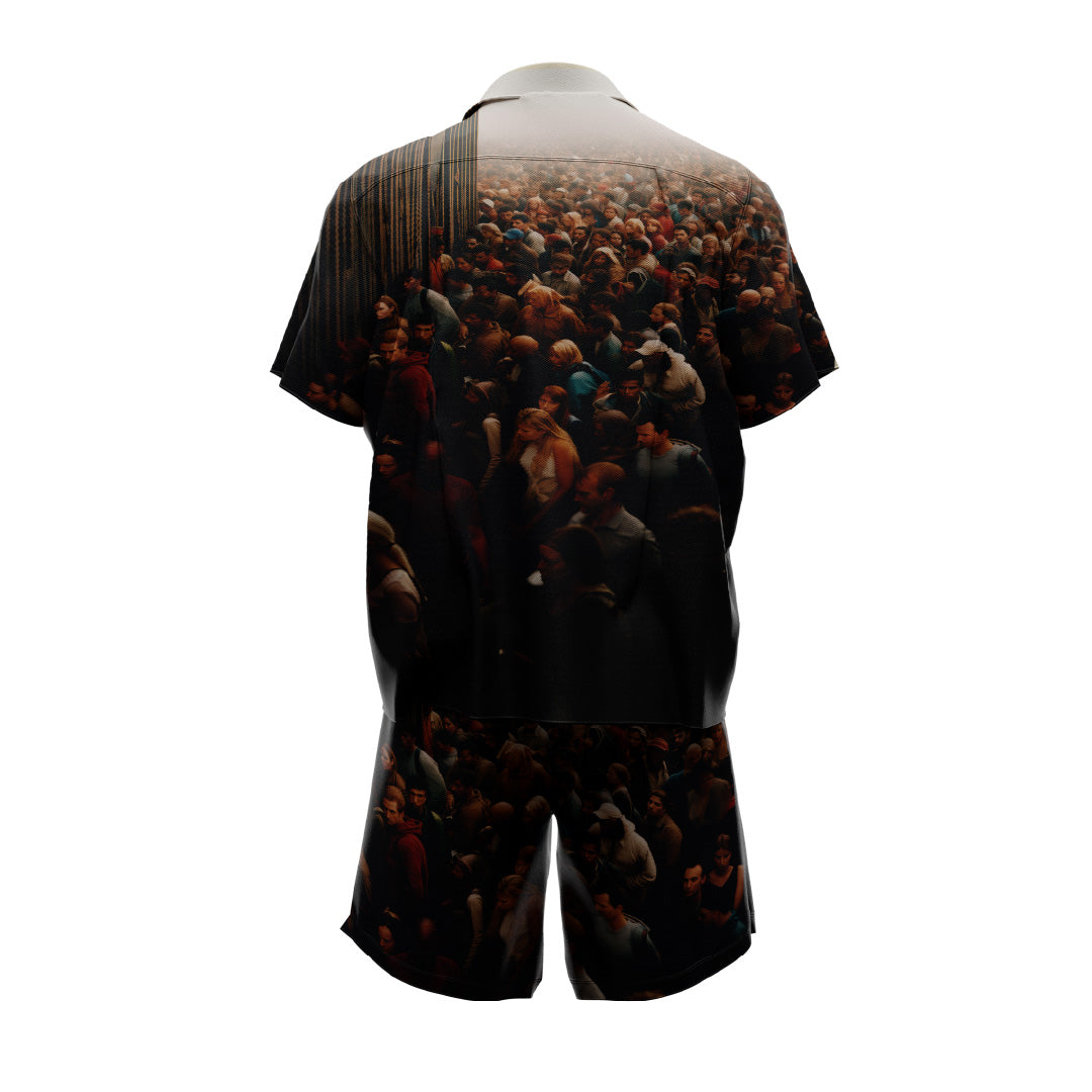 Discover the captivating charm of the BORDERLANDS SET by Machina - Wearable Technology, a short-sleeve shirt and shorts ensemble adorned with a bustling scene of people on a dark backdrop. The artwork spreads across the fabric like an impressive fresco, making it ideal for stylish and artistic warm weather activities.