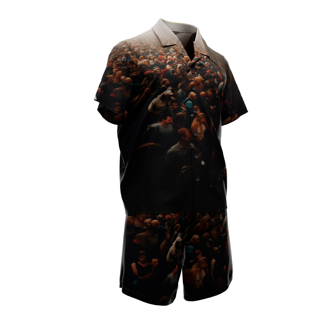 The mannequin is dressed in a BORDERLANDS SET by Machina - Wearable Technology, which includes a button-up short-sleeve shirt and shorts. The ensemble is decorated with an intricate crowd scene print inspired by Borderlands art, and its bold dark color scheme makes it ideal for warm weather activities.