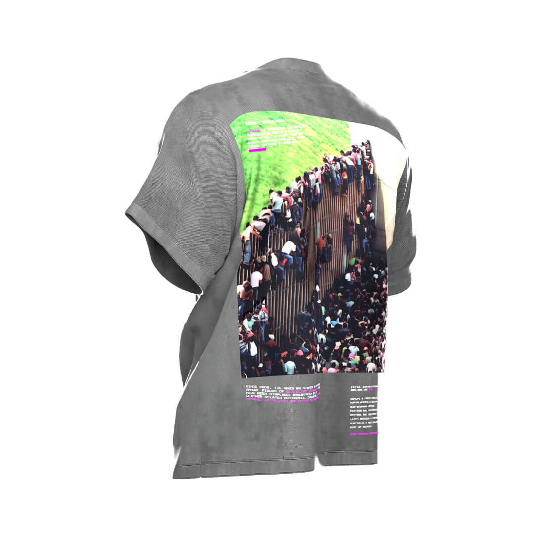 A Borderlands T-shirt from Machina - Wearable Technology features a dynamic image on the back of a large crowd climbing over a fence, set against the muted background of heavyweight cotton with enhanced texture and depth from concrete dye.