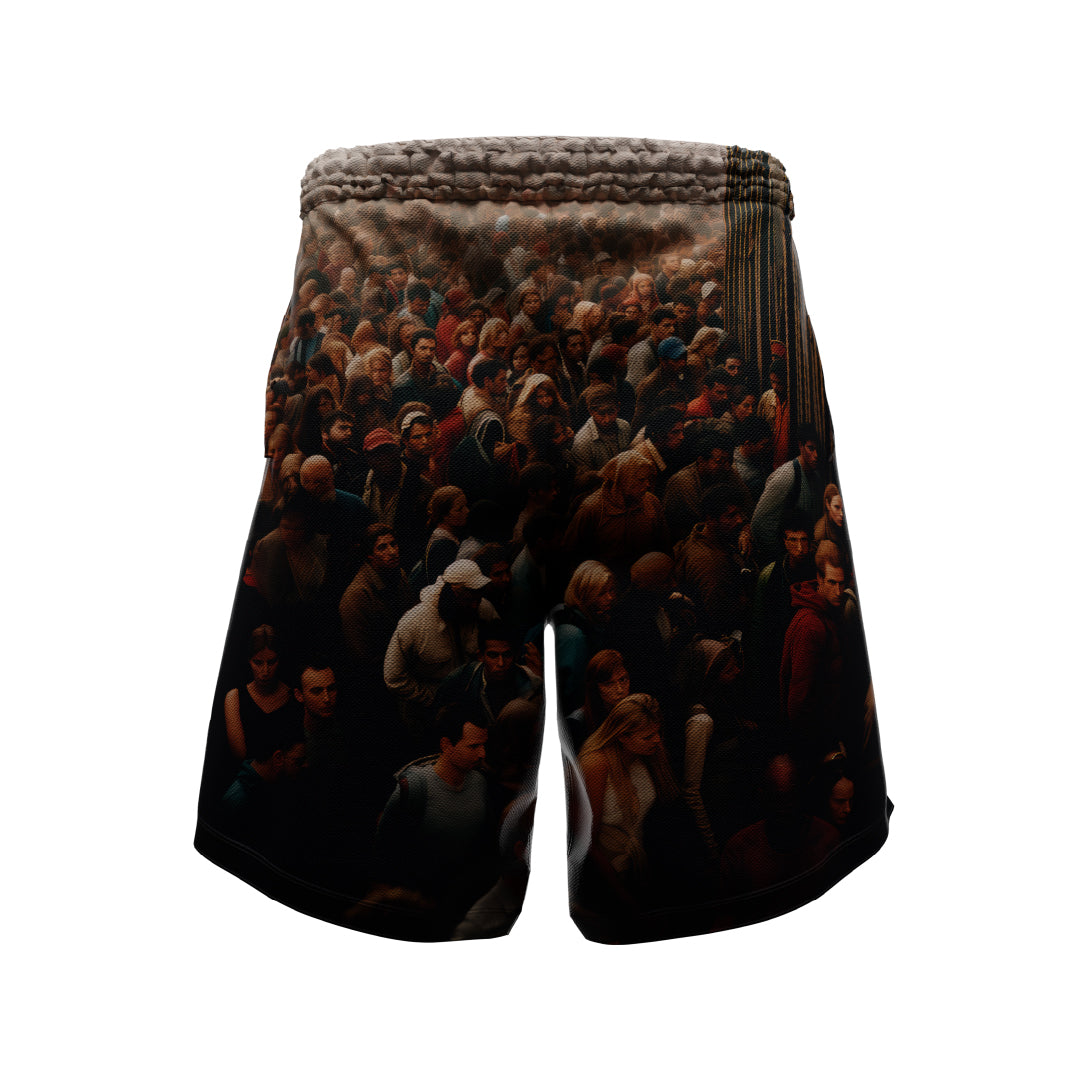 The BORDERLANDS SET by Machina - Wearable Technology features shorts with a vibrant print of a dense crowd, showcasing lively individuals in a busy setting. The fabric at the waistband cinches elegantly, emphasizing its elastic quality while ensuring comfort for any warm-weather activity.