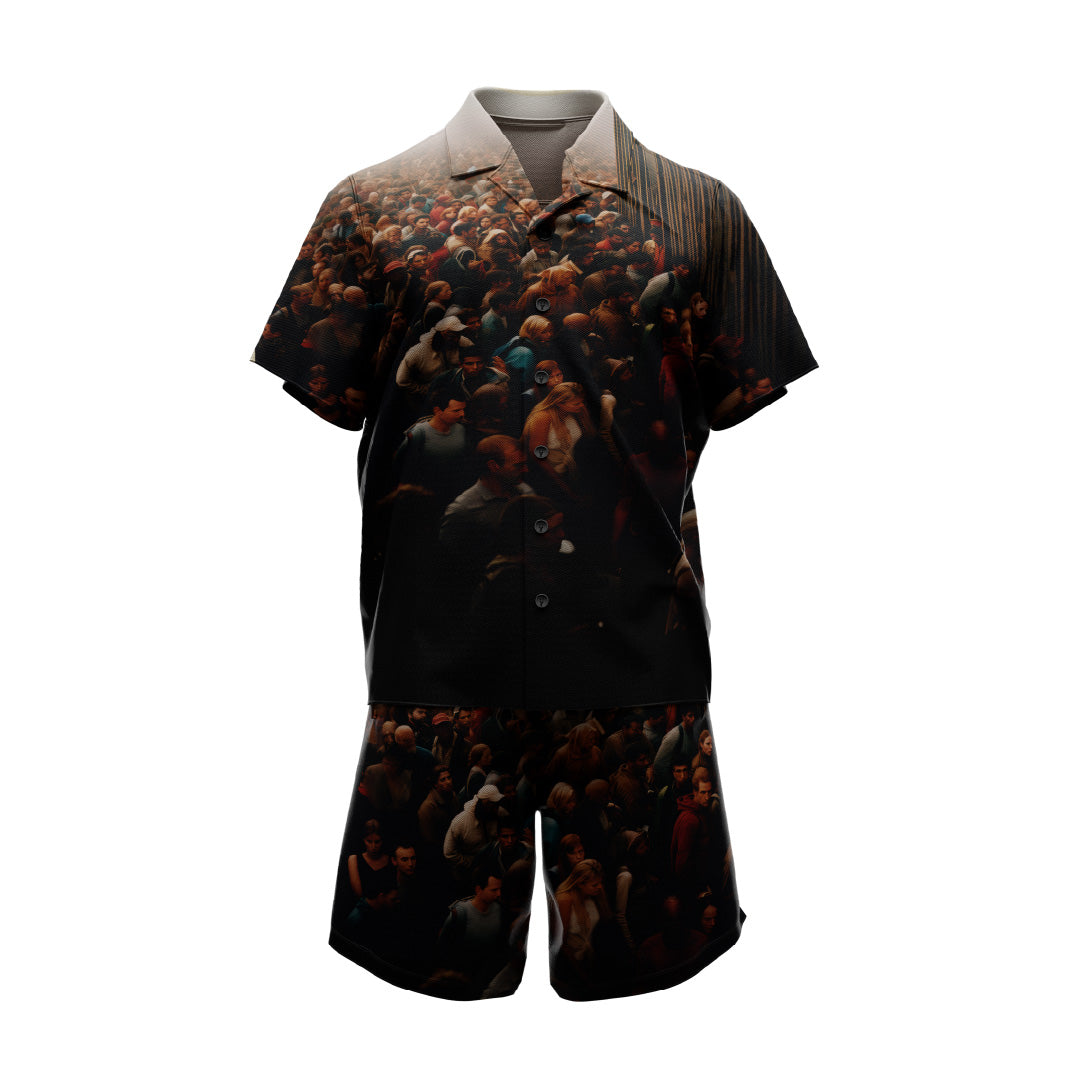 The BORDERLANDS SET by Machina - Wearable Technology consists of a short-sleeved button-up shirt and shorts showcasing a dark, intricate crowd pattern reminiscent of the classic Borderlands print. The diverse figures bring a vibrant energy to the design, making it ideal for warm weather activities. The outfit is displayed against a plain background.