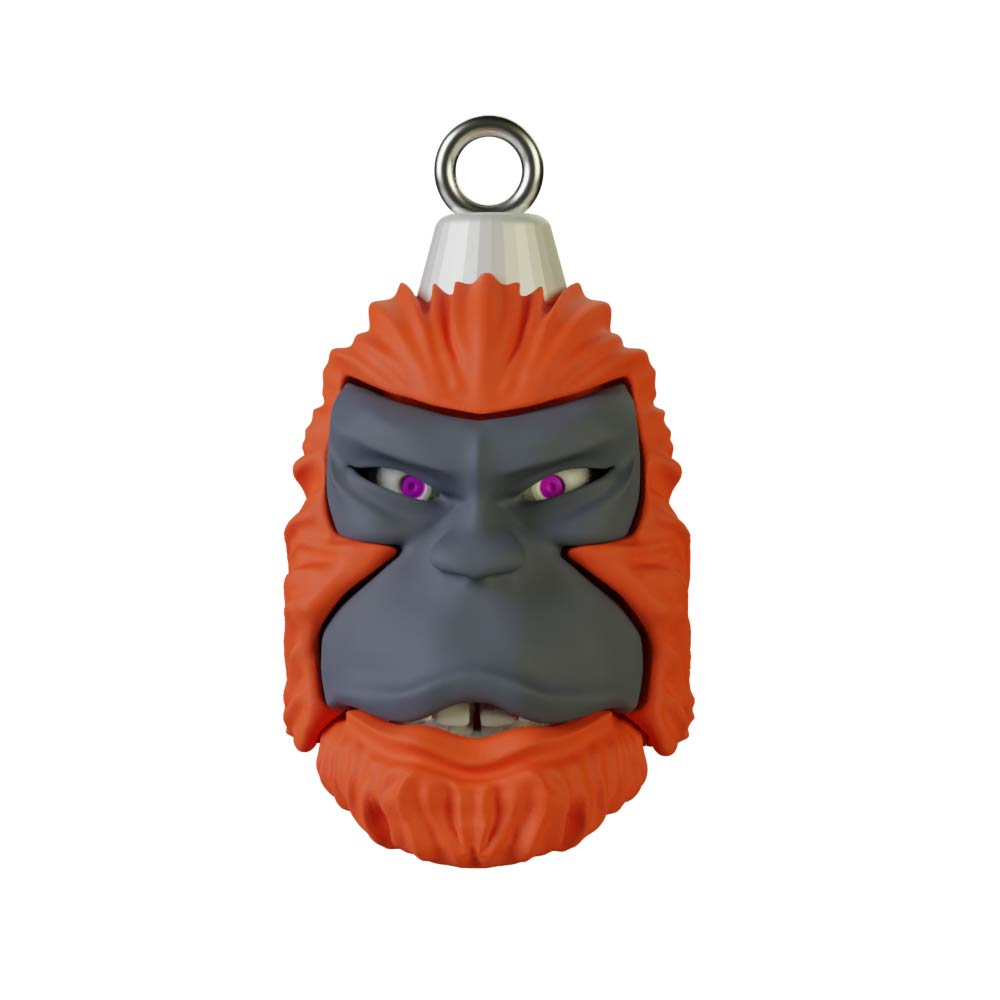 A toy keychain from the Pie Grande Christmas Sphere Kit by Machina - Wearable Technology, featuring a stylized gorilla face with orange fur, a gray complexion, and purple eyes. It includes a silver ring for easy attachment to keys.