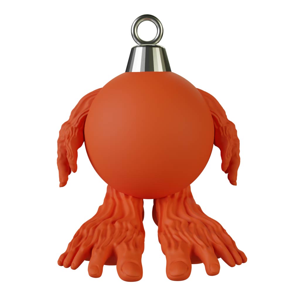 Introducing the Pie Grande Christmas Sphere Kit by Machina - Wearable Technology, a whimsical orange ornament in the form of a sphere with intricately detailed human-like hands serving as its legs and arms. This unique piece features a shiny metallic loop on top for easy hanging. Its blend of quirky charm and modern design makes it an eye-catching addition, perfect for fans of collectible culture.