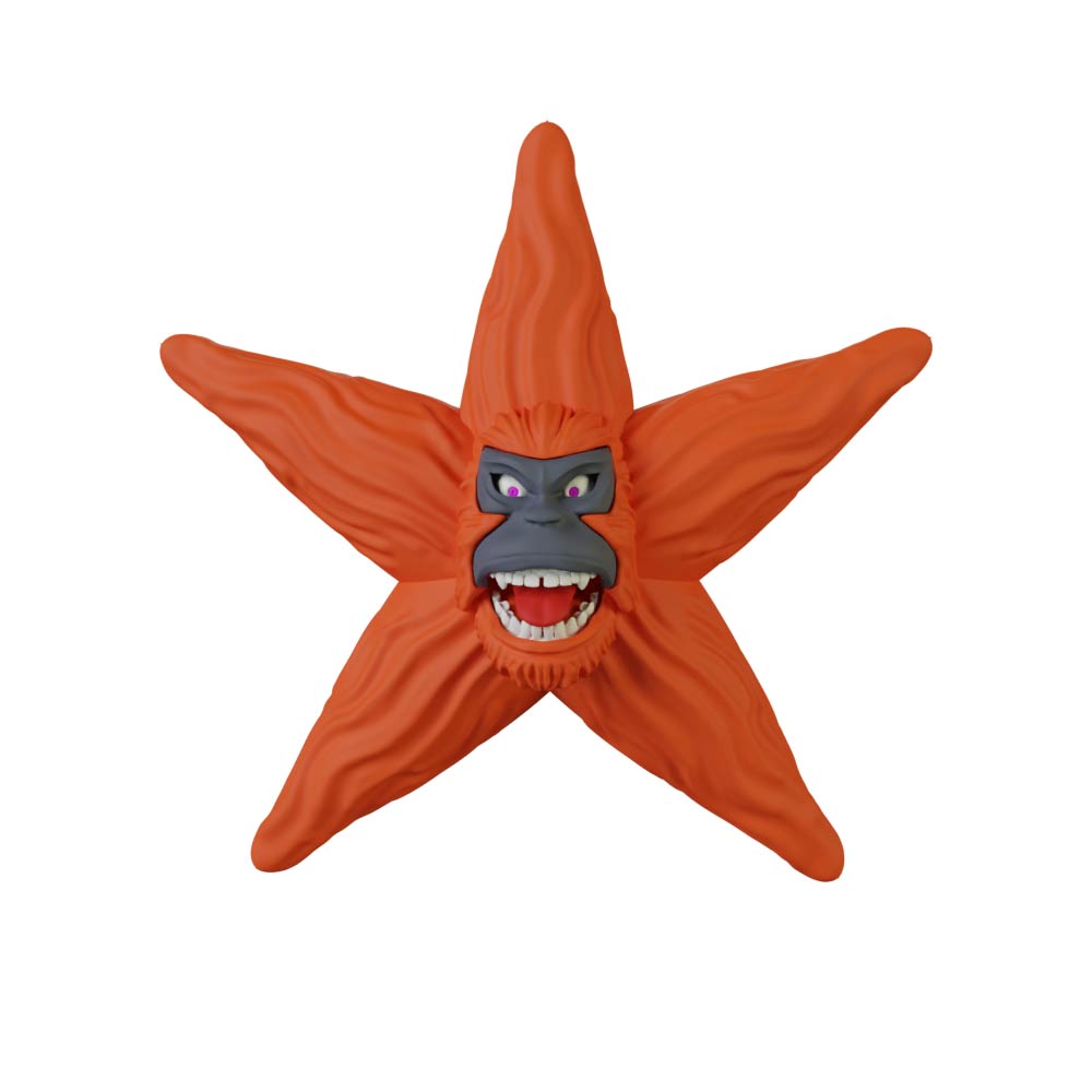 The Pie Grande Christmas Sphere Kit by Machina - Wearable Technology captures the essence of urban folklore with its star-shaped design featuring a snarling face and long orange fur covering its five points. Its gaping mouth and intense eyes evoke the presence of a mythical creature from designer art dreams.