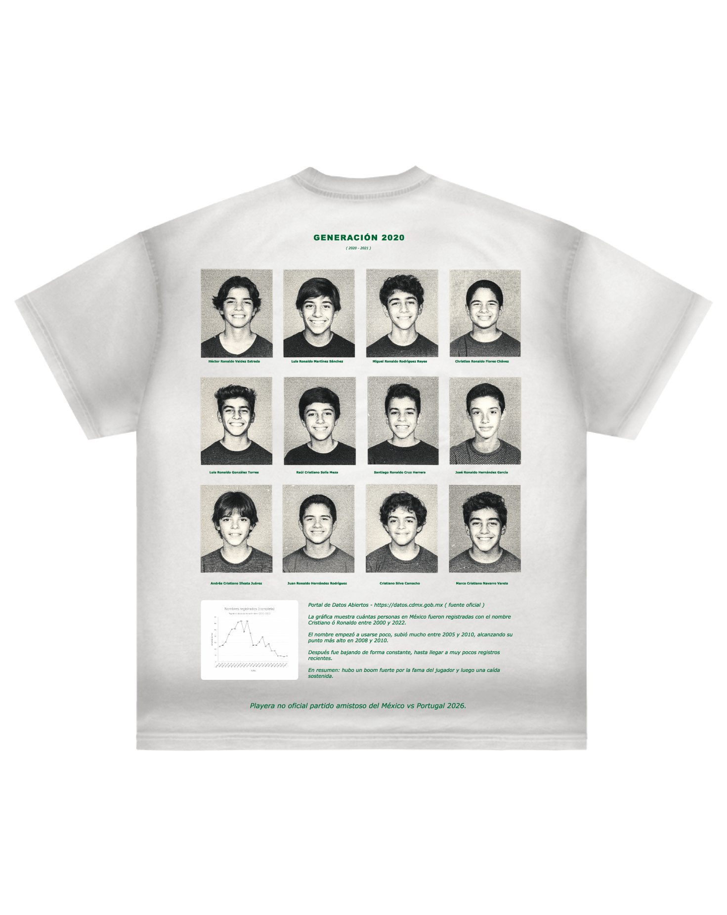 Back of a white Los Cristianos 2020 T-shirt by Machina - Wearable Technology, showing a Mexico yearbook design: 12 black-and-white headshots labeled Generación 2020, green and black text, and a small graph under the photos.