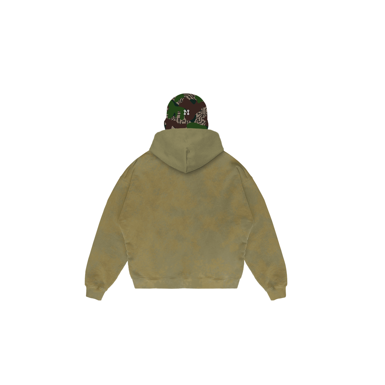 Back view of a person wearing an olive green Machina - Wearable Technology Balaclava hoodie and a camouflage baseball cap, highlighting seamless functionality and bold design.