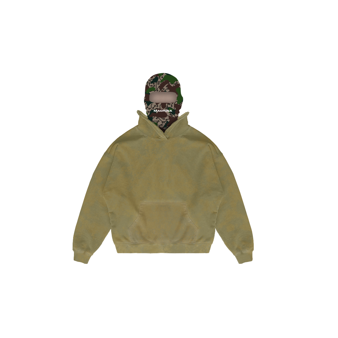 A Balaclava hoodie from Machina - Wearable Technology in khaki, adorned with a camouflaged nature pattern, stands out vividly against a white background.