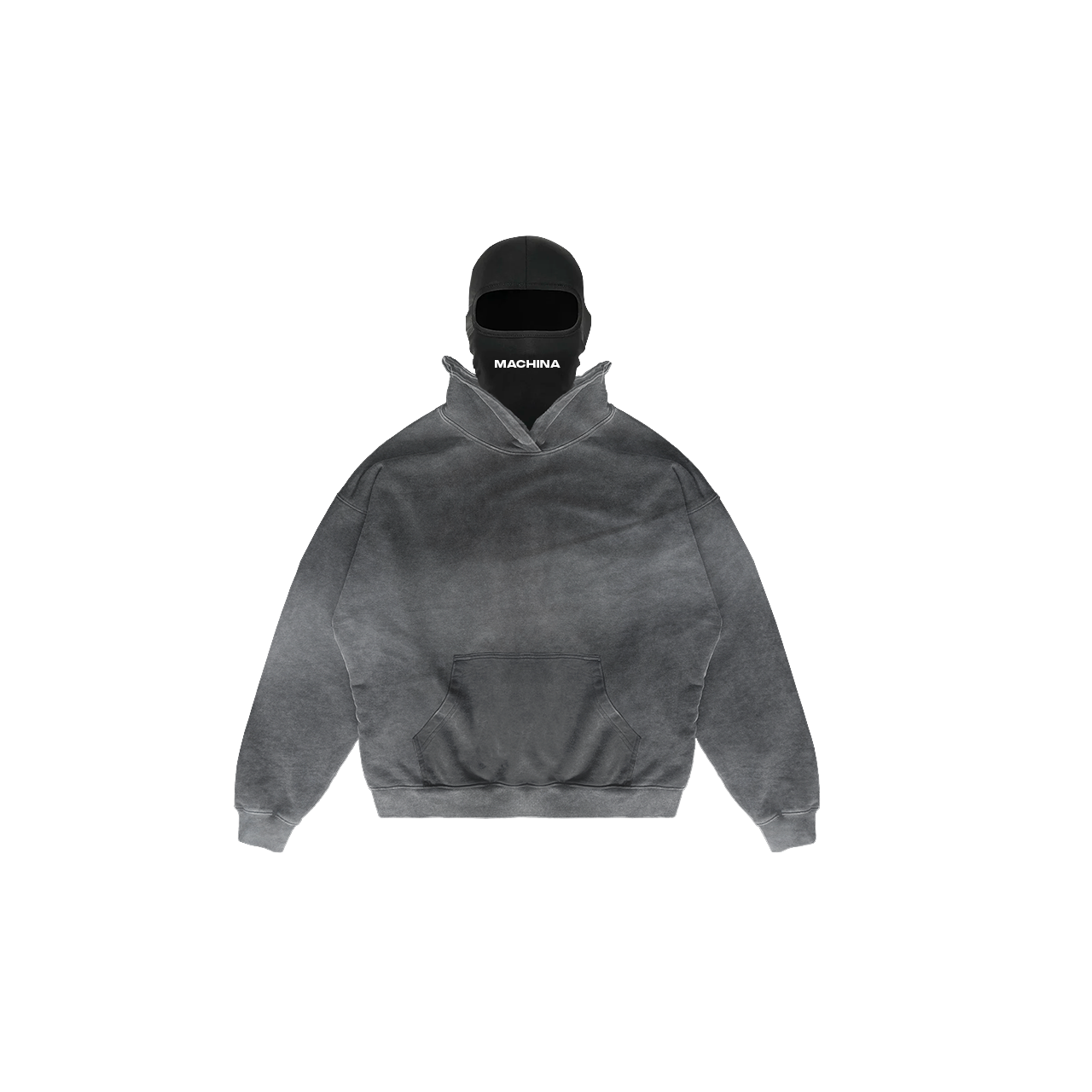 A Balaclava hoodie from Machina - Wearable Technology, paired with a matching cap and facemask, creates a bold design against the white background. The facemask, featuring 'MACHINA' in striking white text, offers seamless functionality for everyday wear.