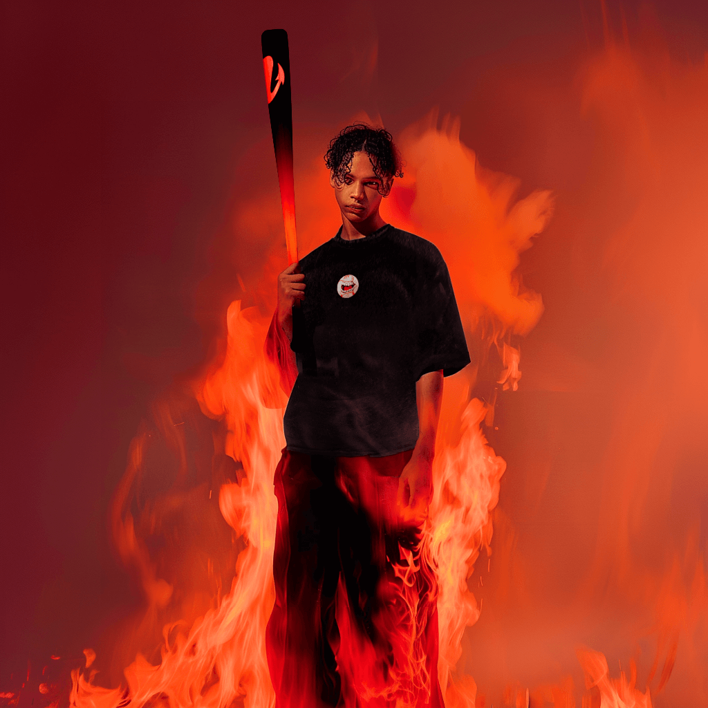 A person stands amidst the flames, wielding the Machina - Wearable Technology Inferno Baseball Bat. Dressed in a dark ensemble, they are set against a backdrop of fiery red and orange hues. This scene exudes an unstoppable force and dynamic energy.