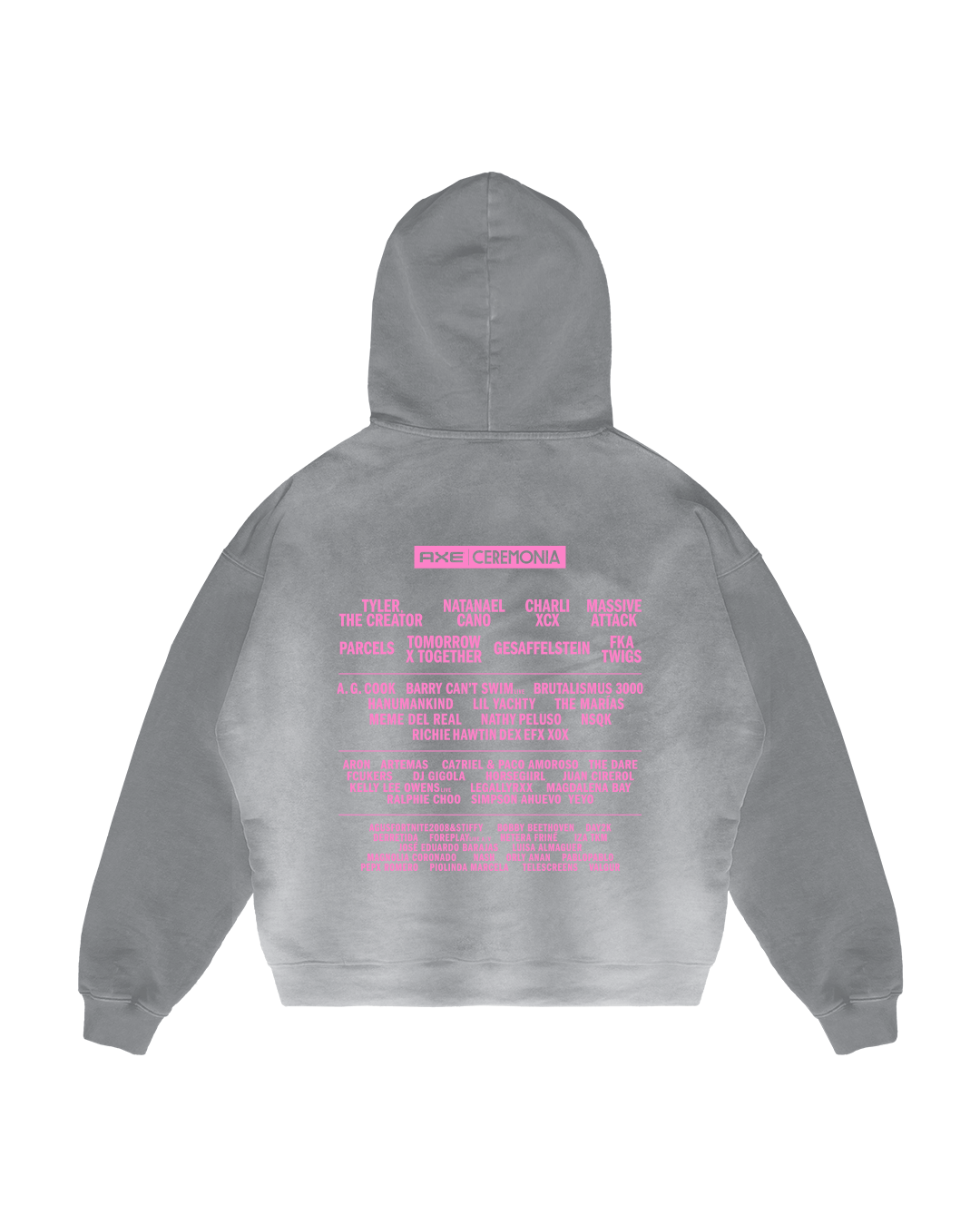 The Lxs que pueden, pueden Hoodie by Machina - Wearable Technology is an iconic gray hoodie with an oversized cropped fit. It features pink text under Peace Ceremonia listing artists like Tyler, The Creator; Charly García; and Molotov, embodying a nostalgic Y2K aesthetic.
