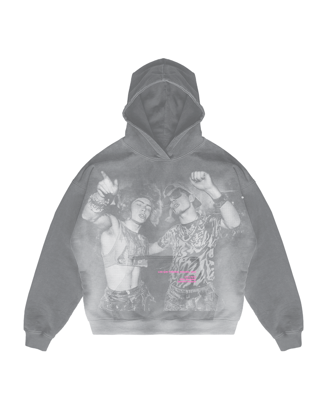 The Lxs que pueden, pueden Hoodie by Machina - Wearable Technology is a gray hoodie with a faded black and white image of two energetic dancers in punk-style clothing. Featuring an oversized cropped fit, large hood, and edgy pink text overlay, it embraces the true Y2K aesthetic.