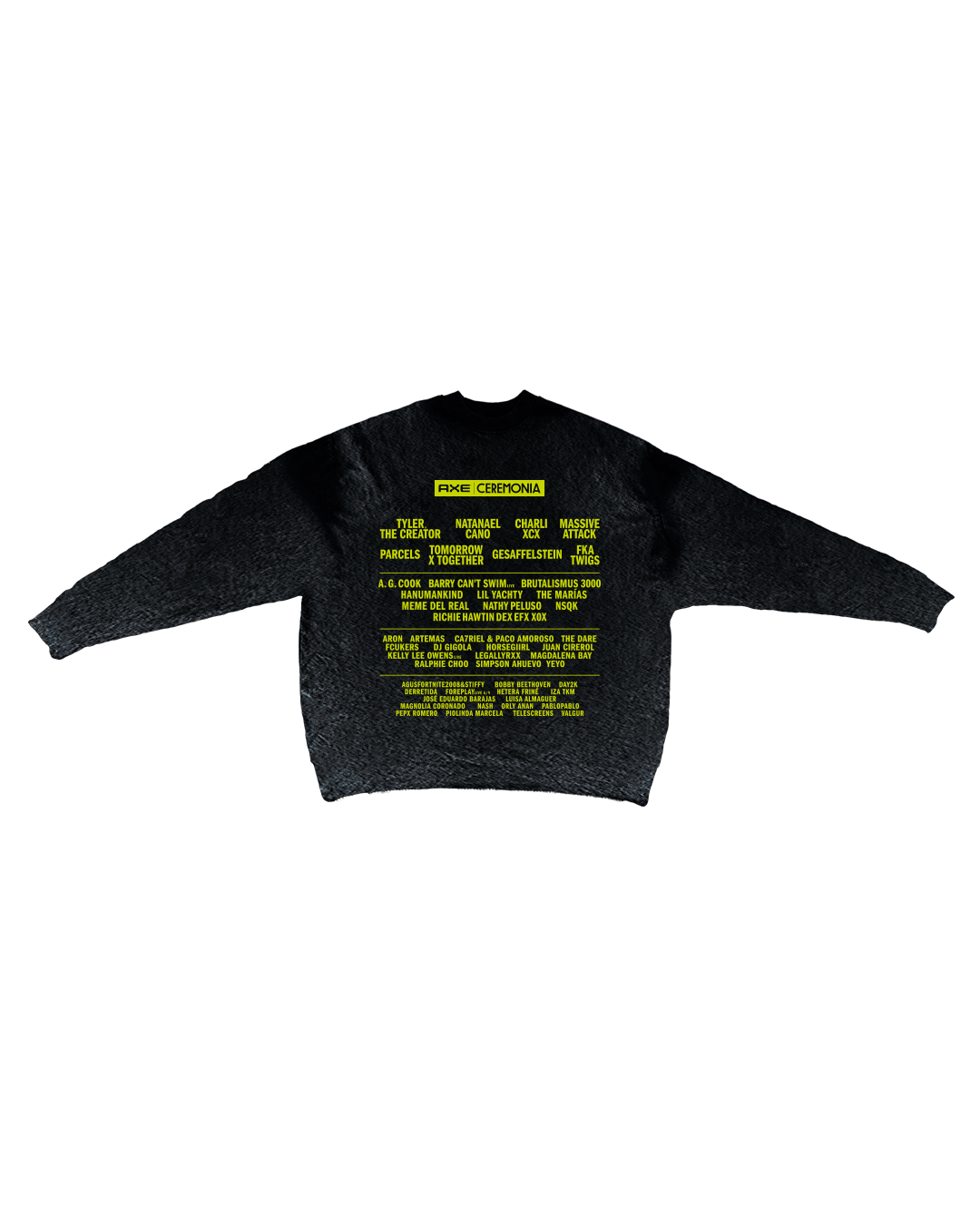 The Clásicas del Club by Machina - Wearable Technology is a black sweater with numerous names printed in fluorescent yellow text on the back, arranged in a block format, capturing the essence of rancho aesthetics.