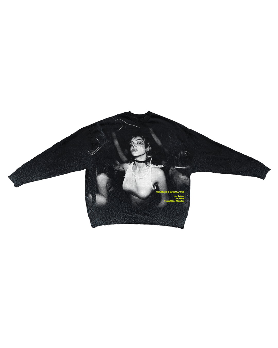 The Clásicas del Club by Machina - Wearable Technology is a black sweatshirt featuring a graphic of a person in a choker and tank top among a crowd, with bold yellow text on the lower right. It has long sleeves and a round neckline, embodying rancho aesthetics.