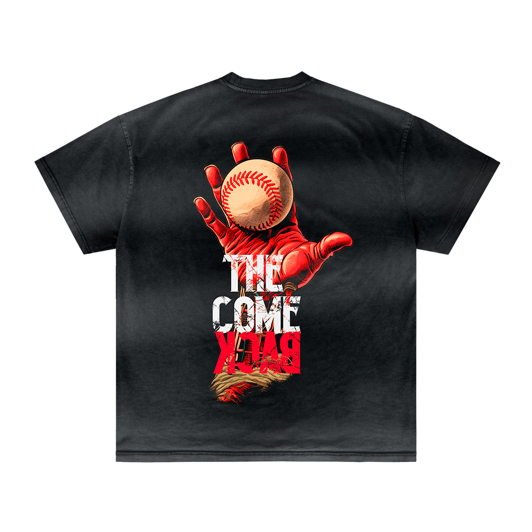 A black The Comeback T-shirt from Machina - Wearable Technology features a red glove clutching a baseball, with the words THE COME BACK partially overlaying the design, symbolizing victory and resilience.