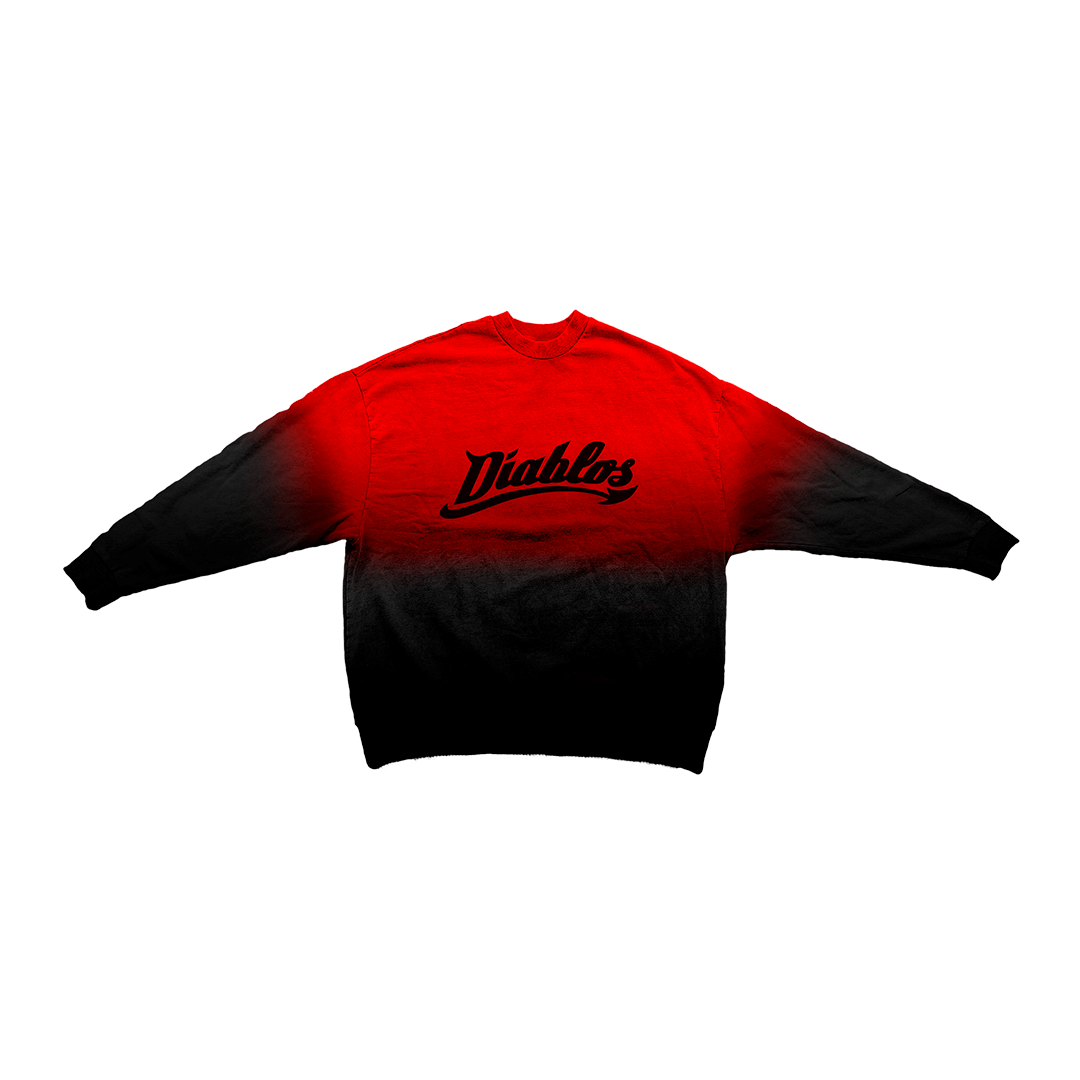 Introducing the Crimson Crewneck from Machina - Wearable Technology: A limited edition design featuring "Diablos" in black, stylized script across the chest. The gradient transitions gracefully from a vivid red at the top to black at the bottom, and is crafted from heavyweight cotton to ensure both comfort and durability.