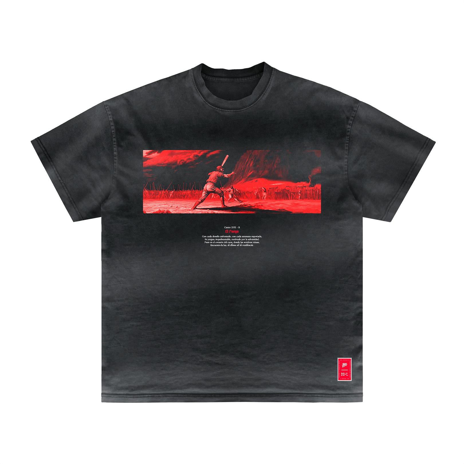 A T-shirt from Machina - Wearable Technology, known as "Dante's 7th," showcases a graphic in red and black depicting a determined warrior wielding a sword in a dramatic pose. The small text beneath the image reads "Dante's 7th," and there's a red square logo at the bottom right that adds an element of resilience to the design.