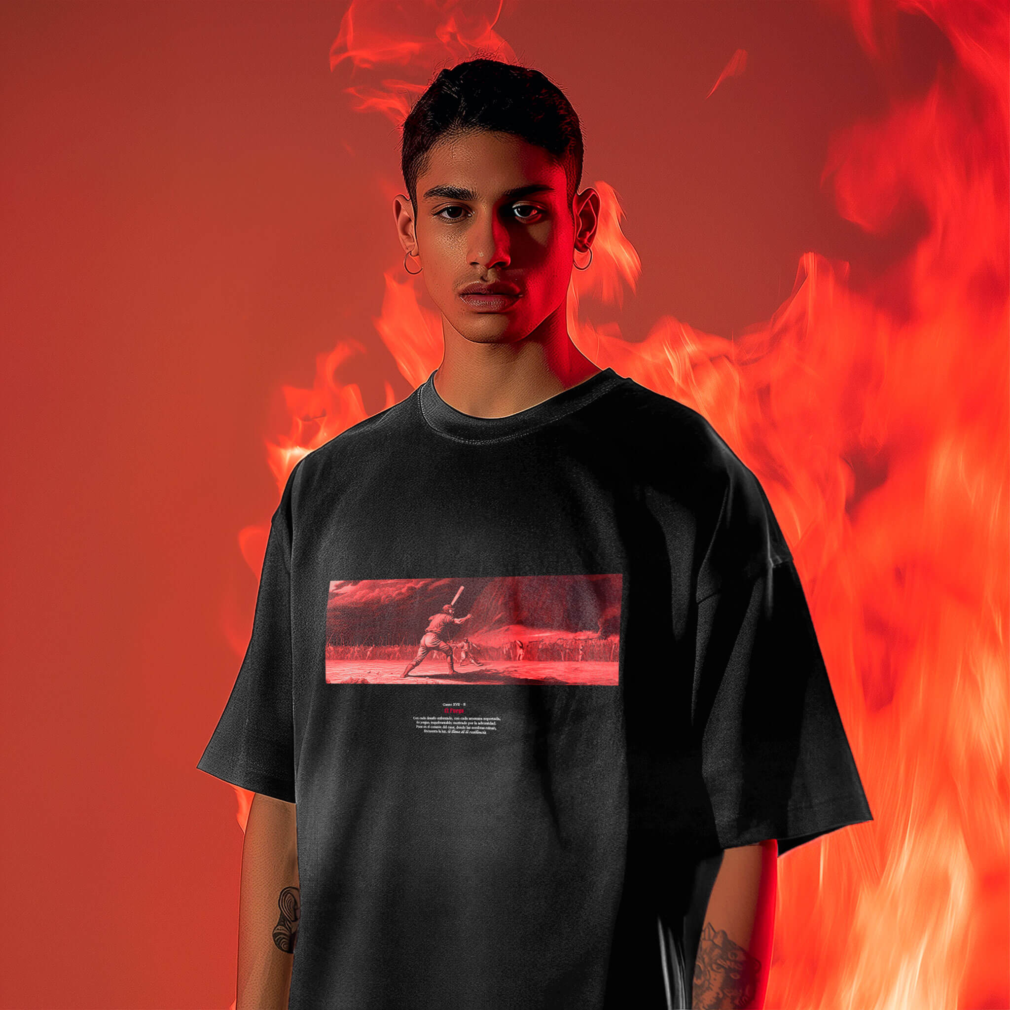Wearing the Machina - Wearable Technology's Dante's 7th t-shirt, a person stands against a fiery orange background, exuding the determination emblematic of Dante's 7th circle. The shirt showcases a graphic with a small red rectangular image, enhancing the dramatic effect created by the intense and vibrant fiery ambiance.