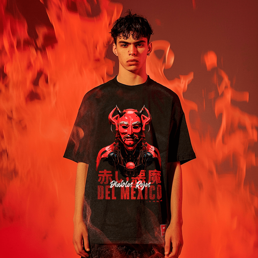 A young man stands against a fiery red backdrop, donning a black Devil Mecha t-shirt from Machina - Wearable Technology. The shirt showcases a bold graphic of a red demon mask, accompanied by text in Spanish and Chinese characters. Embracing the spirit of Japanese mech culture, the scene is charged with intensity as flames envelop him.