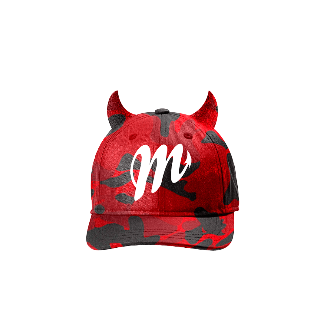 A Horns Baseball Cap Diablo Camo by Machina - Wearable Technology, featuring a red and black camo pattern with small devil horns on top and a white letter 'M' on the front, perfect for the ultimate devilish fan.