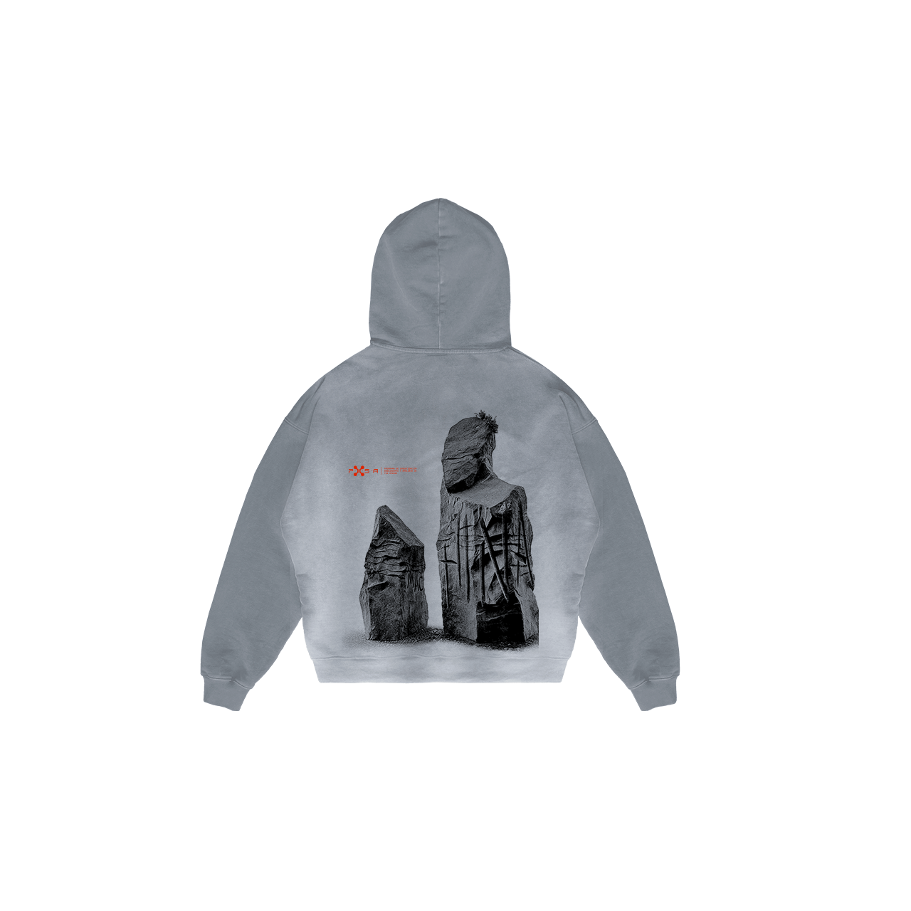 The Mock Machina from Machina - Wearable Technology is a gray balaclava hoodie adorned with an artistic print on the back, showcasing two abstract stone sculptures. Inspired by cave art, it features a centered red logo and text.