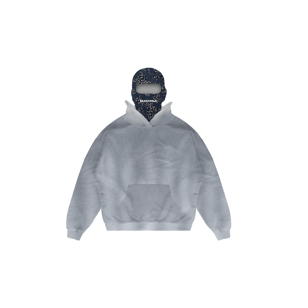 A light gray Mock Machina Balaclava Hoodie, featuring a front pouch pocket, is displayed alongside a navy blue balaclava from Machina - Wearable Technology. The navy balaclava showcases a white text pattern reminiscent of cave art. Both items are set against a plain white background.