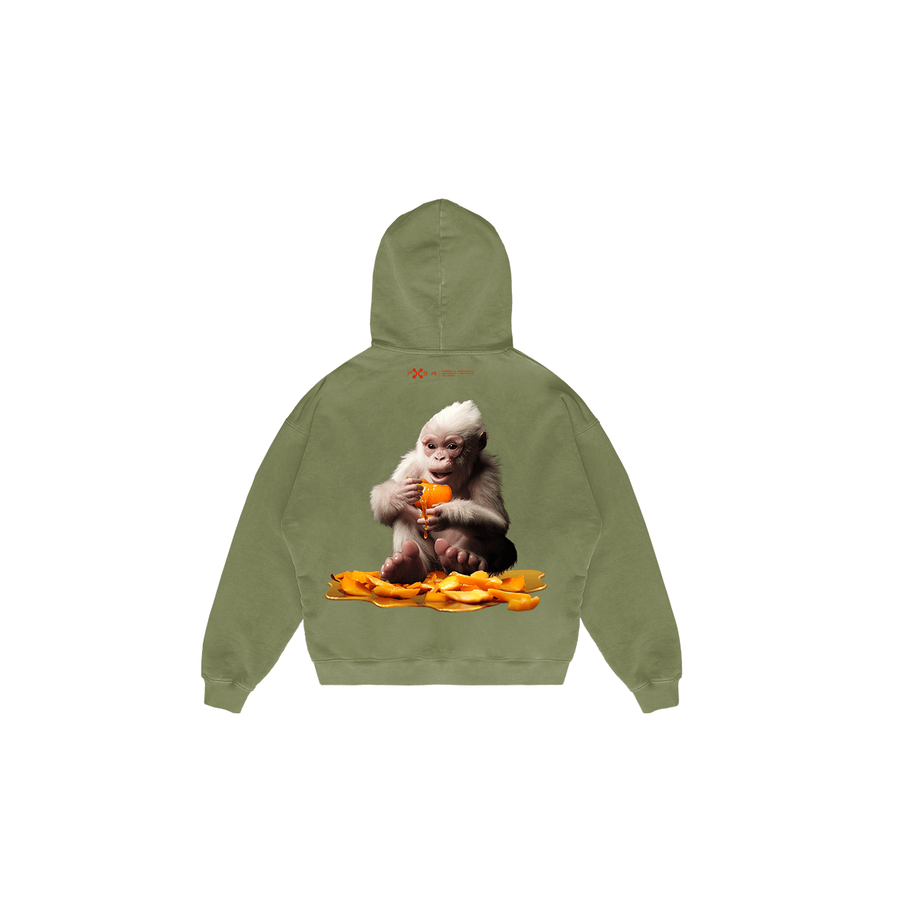 Introducing the "Albino Baby Bigfoot" by Machina - Wearable Technology: a green hoodie made from soft French terry cotton, featuring an adorable monkey lounging among peeled orange slices while sipping from an orange. The whimsical design is enhanced with Machina's signature text above, making it a perfect choice for those who appreciate quirky and innovative fashion statements.