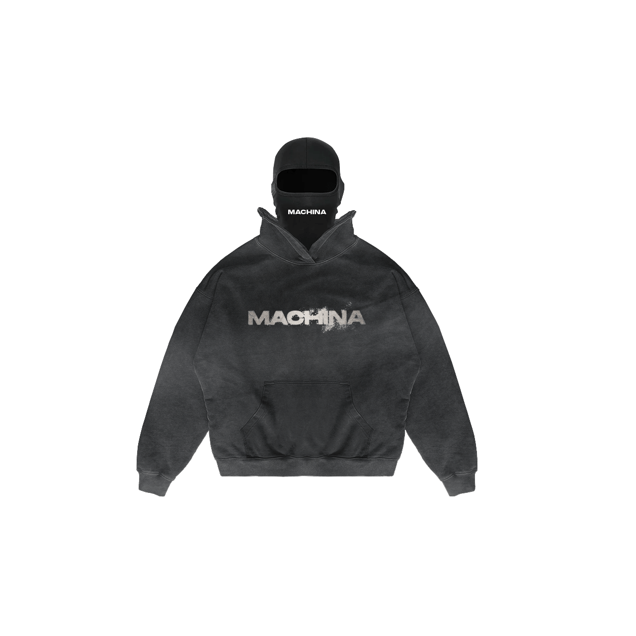 A black hoodie from Machina - Wearable Technology featuring their "Pie Grande Fossil" design, where "MAOHNA" is emblazoned in white letters on the front, accompanied by a matching black cap and face covering. This ensemble offers a casual, coordinated vibe that’s ideal for those fascinated by mysterious themes or enhancing your Bigfoot Camera Roll.