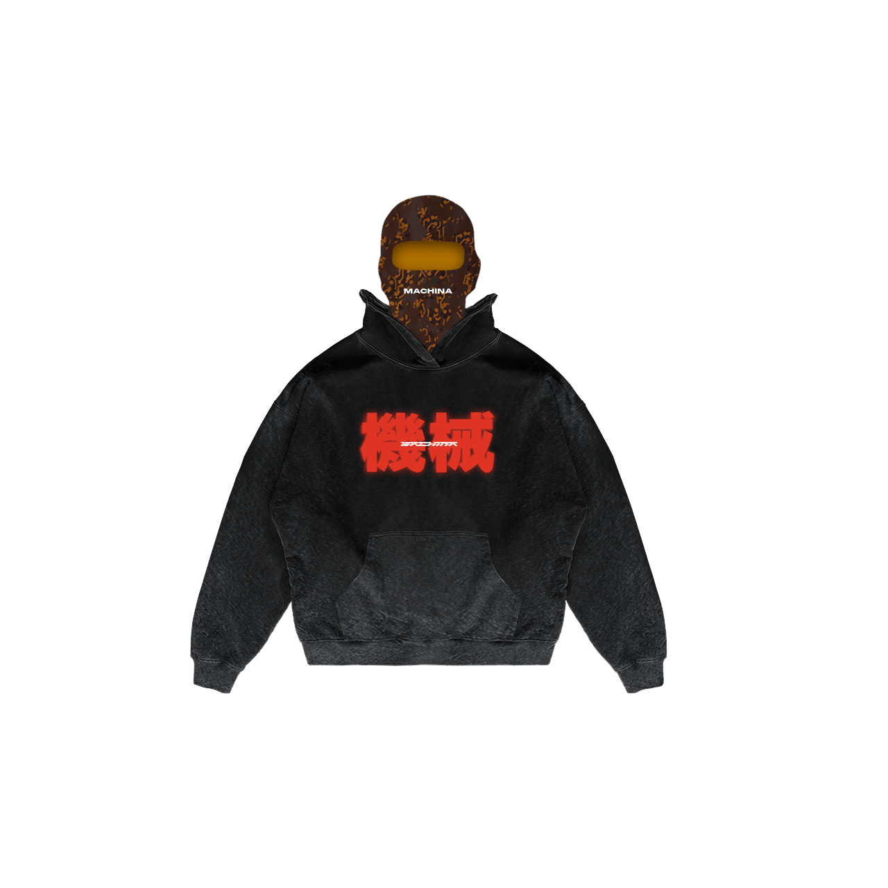 The Mango Buddies hoodie from Machina - Wearable Technology is made with French terry cotton and prominently displays bold white and red Japanese kanji on the front. The hood features a textured brown pattern with text on the inner lining, maintaining a modern and distinctive style.