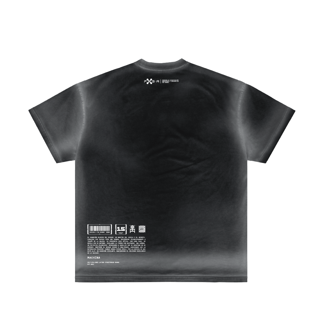 The El Protector by Machina - Wearable Technology is a black T-shirt featuring an intricate design reminiscent of Forest's Shadow. It includes a variety of white symbols and text printed on the back, alongside a barcode, QR codes, and various icons. The small text speaks to a technological or futuristic theme that captures the spirit of stealth in the wilderness.