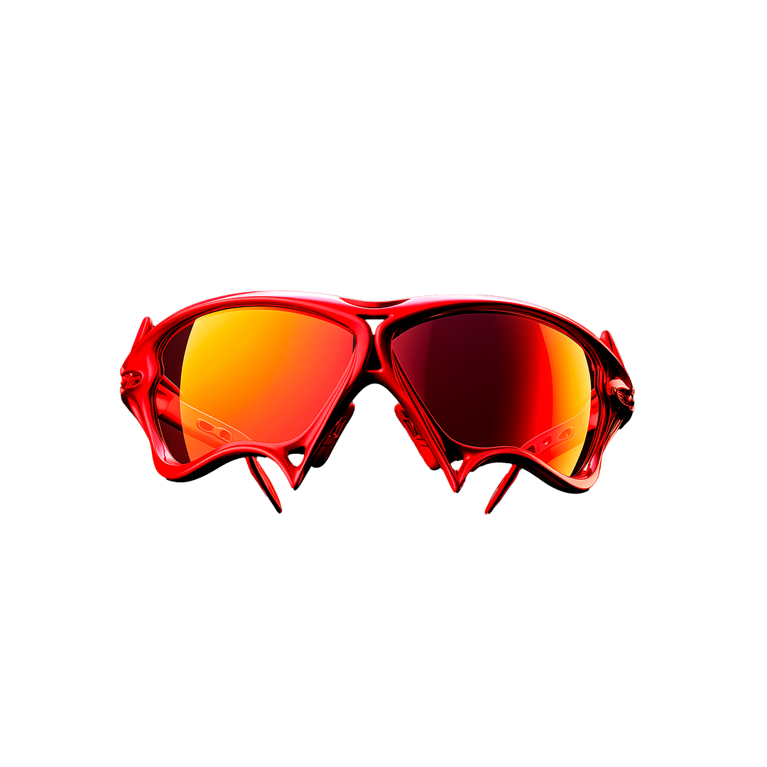 The Inferno Shades Sunglasses by Machina - Wearable Technology feature a pair of red sports sunglasses with reflective orange lenses, isolated on a white background. These shades showcase a sleek, aerodynamic frame with intricate side details, providing not only style but also exceptional clarity for optimal vision protection.