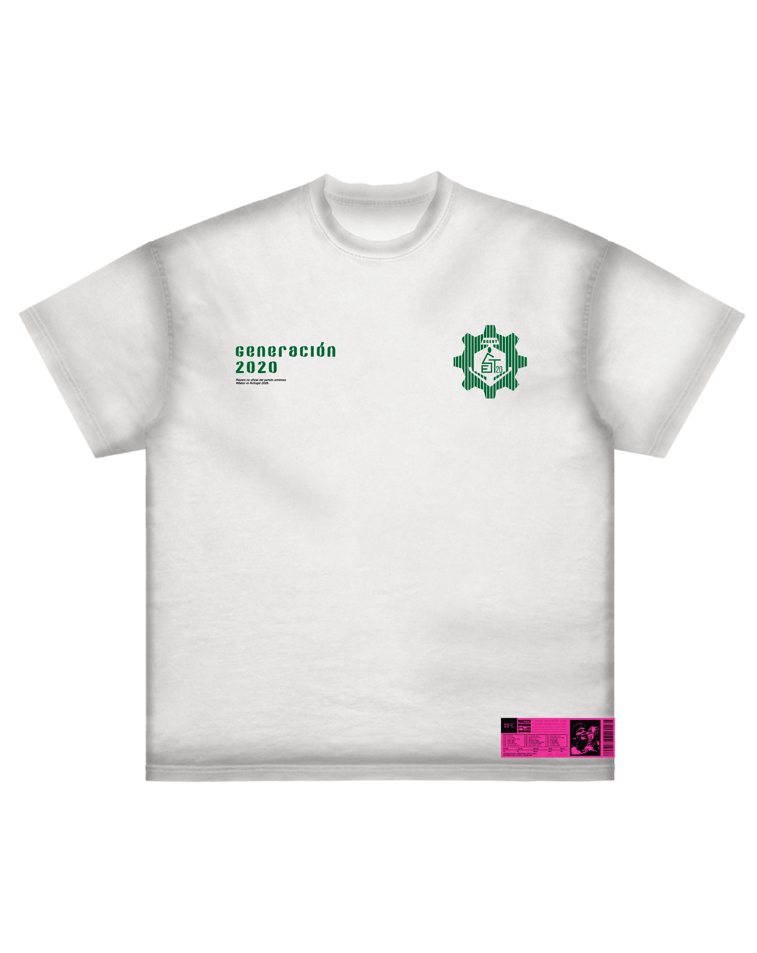 The Los Cristianos 2020 white t-shirt by Machina - Wearable Technology features a small green emblem on the right chest, green generación 2020 text on the left, and a Mexico yearbook graphic label near the hem.