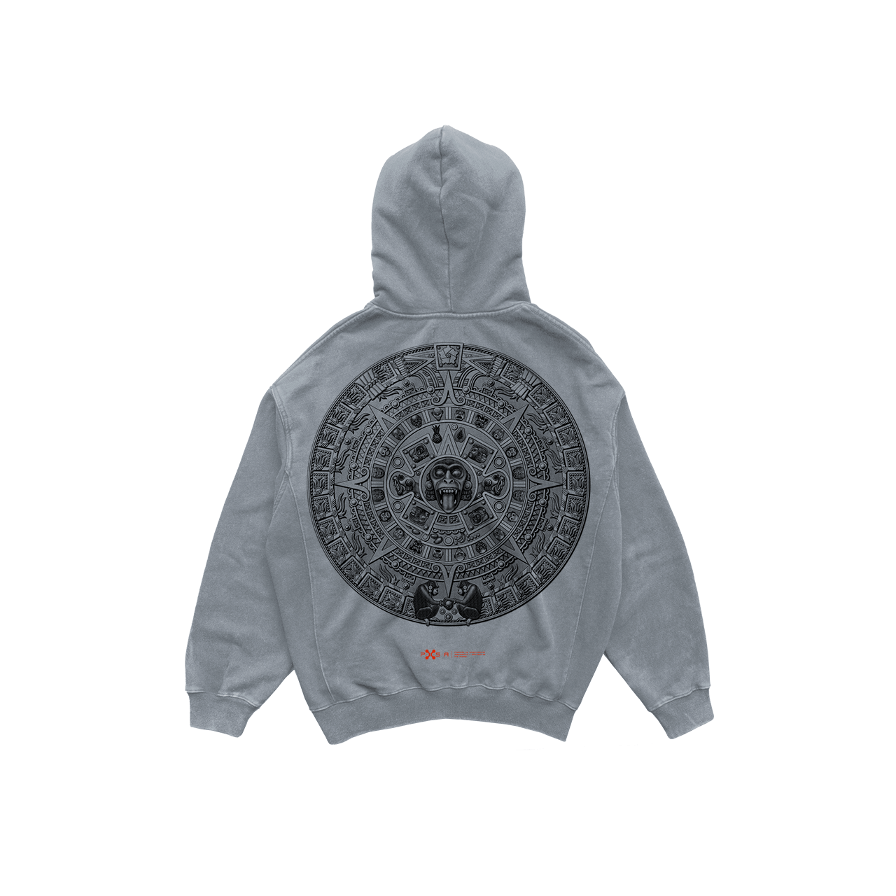 The Calendario Pie Azteca by Machina features a gray hoodie with a detailed black Aztec calendar design on the back, red text, and logo from the Lost Relics of Time collection on the lower back, plus a front pocket and hood.