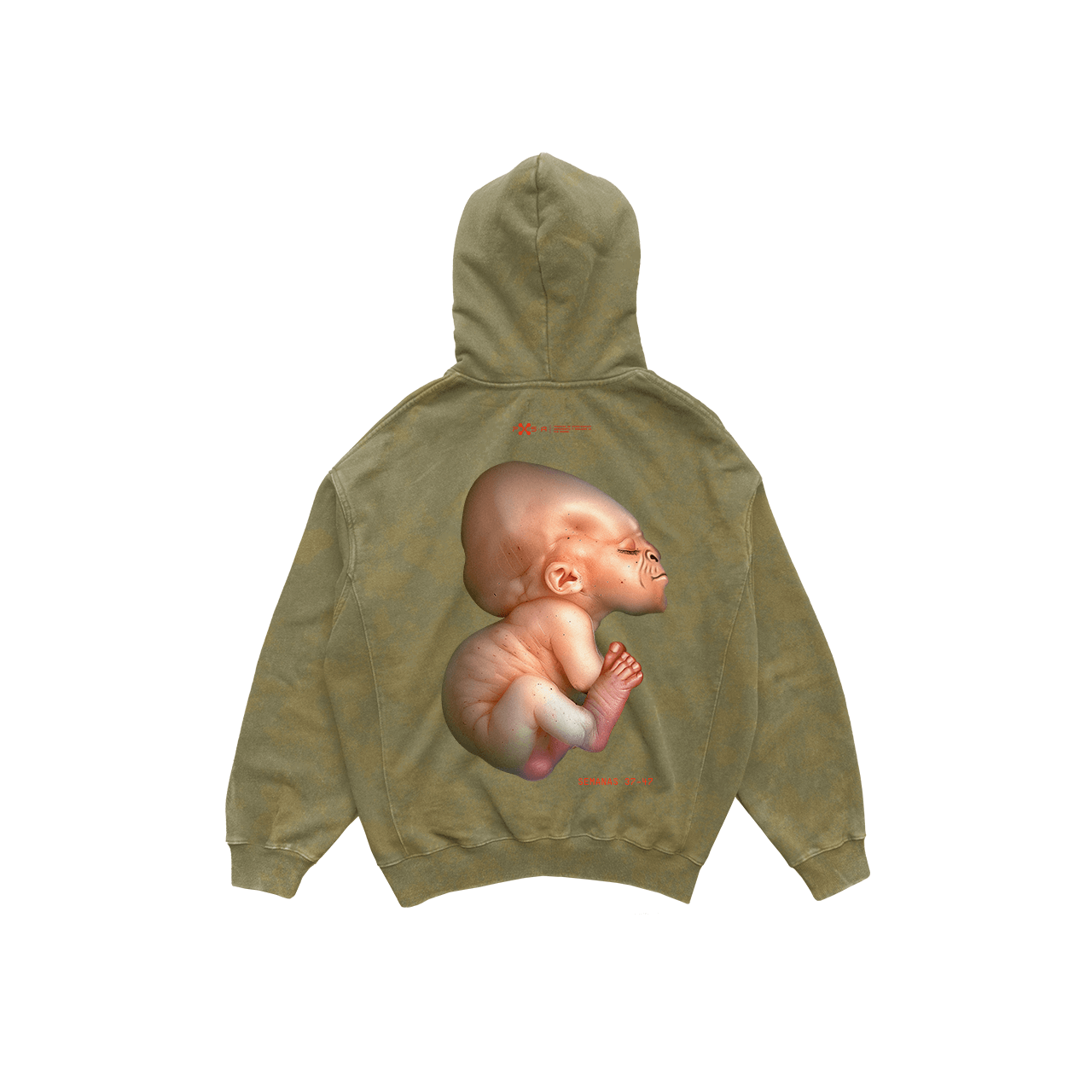 The Pie Grande Embryo by Machina - Wearable Technology is a khaki hoodie made from soft French terry cotton, featuring a detailed graphic of a newborn baby in a fetal position on the back. The intricate image highlights the baby's facial features and posture against the fabric, making it a unique collectible garment.